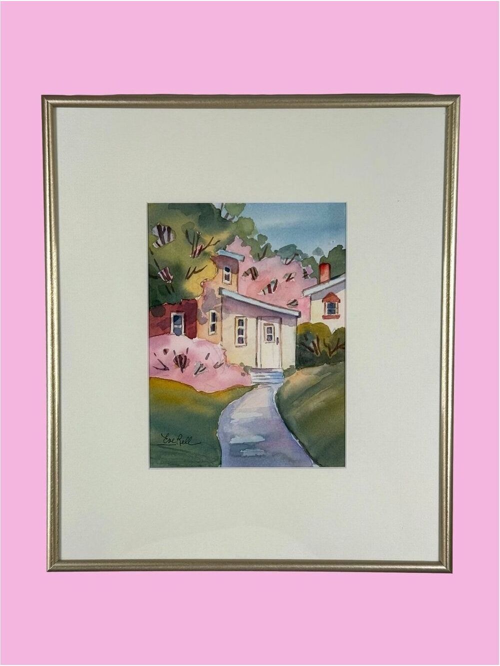 Vintage Eve Rell Original Watercolor Bouquet of Colors 12x14 Framed Cottage Art